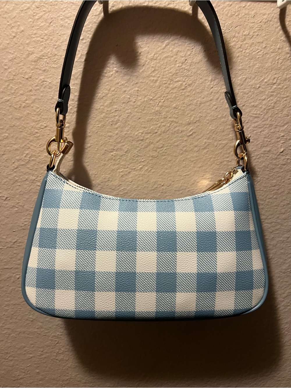 Coach Blue and White Gingham Shoulder Bag with Gold Hardware - Picture 2 of 2